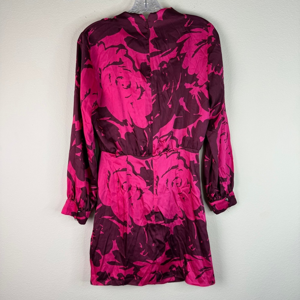 Zara Dress Womens Small Pink Floral Satin Draped Long Sleeve Mini Cocktail - Picture 4 of 6